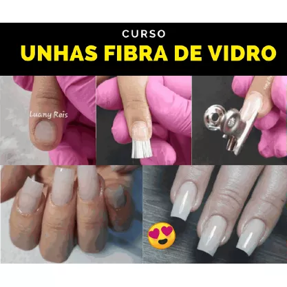 Banner do curso de alongamento de unhas (fibra, gel e bônus) da escola manicure. Na imagem, no topo temos a frase 'Curso Unhas Fibra de Vidro' e ao centro imagens de unhas demostrando o resultado da técnica.