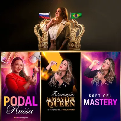 Banner do curso combo 3 em 1, formação master quen mais podal russa e softgel mastery. Na imagem podemos ver quatro imagens da produtora uma para cada tipo de formação.