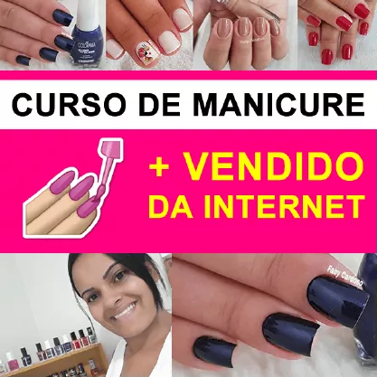 Banner do curso de manicure e pedicure para iniciantes da Faby Cardoso. Nos cantos superior e inferior tem fotos de unhas feitas por uma manicure e ao centro aparece uma imagem da produtora e uma frase 'curso de manicure mais vendido da internet'.