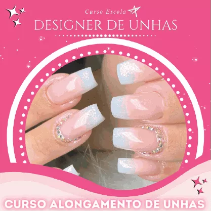 Banner do curso escola designer de unhas. Temos a imagem de unhas estilizadas por uma manicure e a frase 'Curso escola designer de unhas, curso alongamento de unhas'.