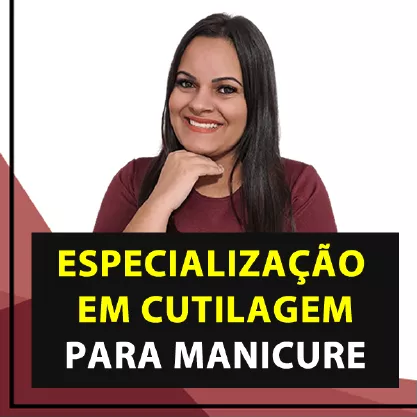 Banner do curso de estilização em cutilagem para manicure e pedicure com Faby Cardoso. Ao centro da imagem aparece a produtora do curso e uma frase 'Especialização em Cutilagem para Manicures'.