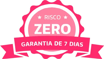 Imagem de uma medalha rosa representando o selo de qualidade e garantia dos cursos com a frase 'Risco Zero, Garantia de 7 Dias'.